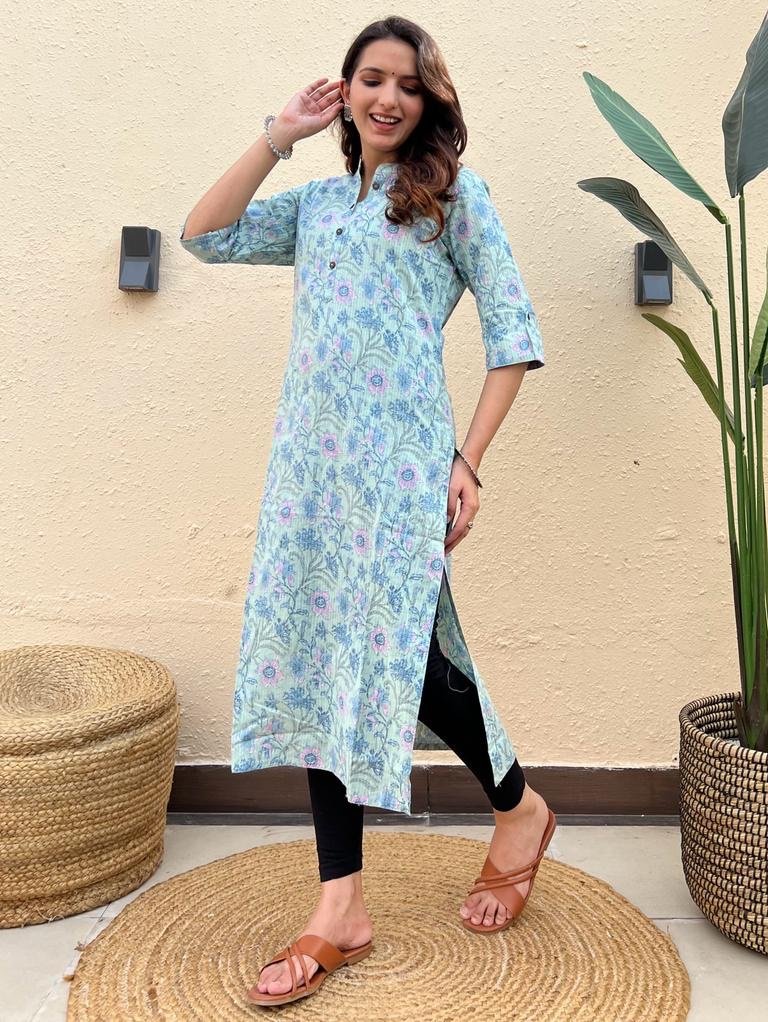 Weekend Offer Cotton Kurta- Pastel Green Floral