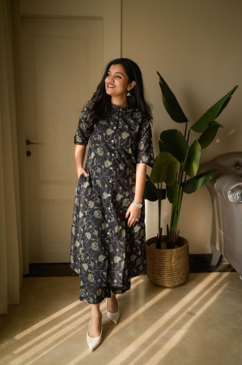Vanya Cotton A-line Set- Black Florals