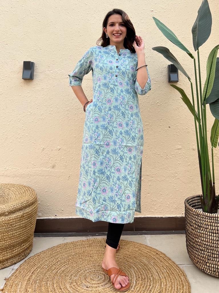 Weekend Offer Cotton Kurta- Pastel Green Floral