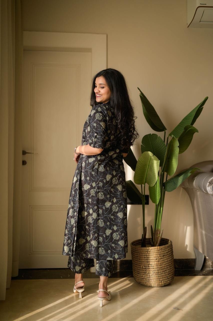Vanya Cotton A-line Set- Black Florals