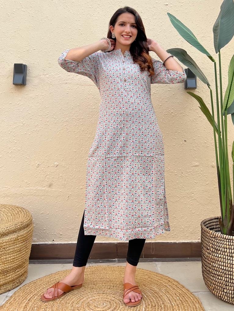 Weekend Offer Cotton Kurti- Grey Booti