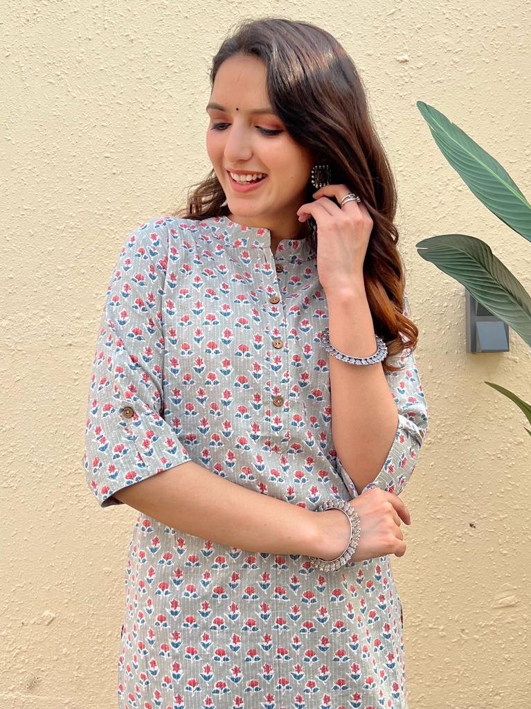 Weekend Offer Cotton Kurti- Grey Booti