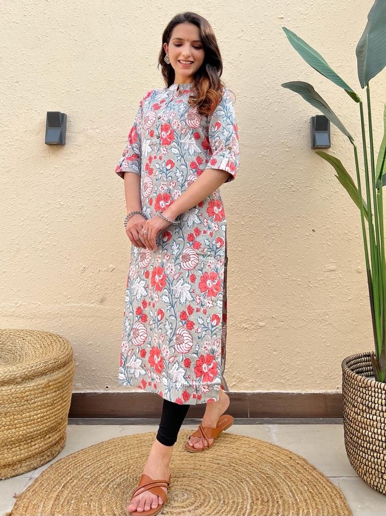 Weekend Offer Cotton Kurta- Grey Big Floral