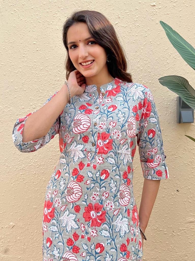 Weekend Offer Cotton Kurta- Grey Big Floral