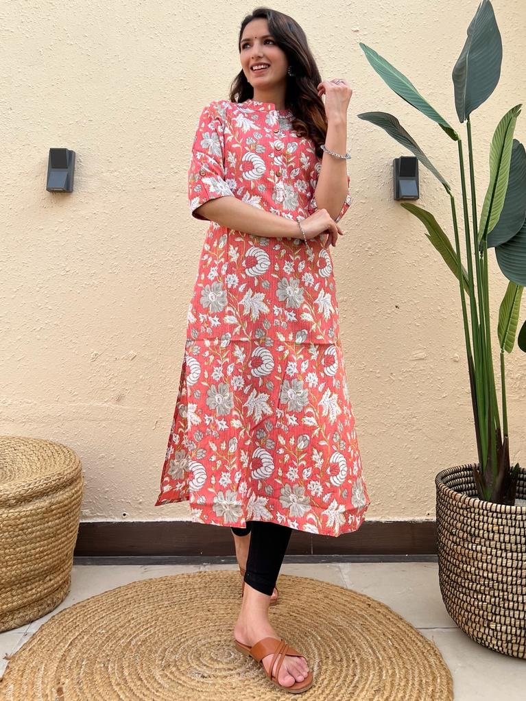Weekend Offer Cotton Kurta- Peach Big Floral