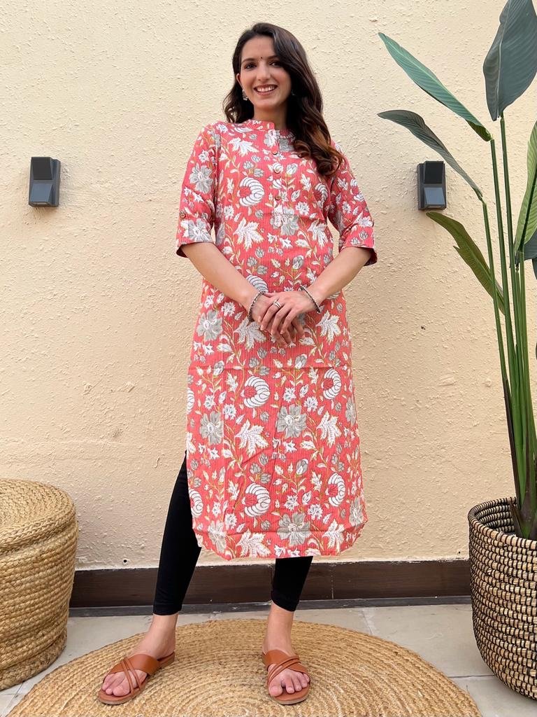 Weekend Offer Cotton Kurta- Peach Big Floral