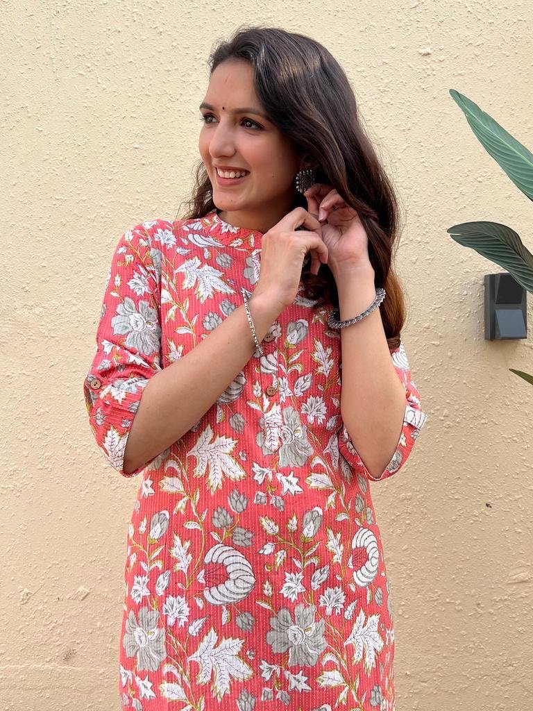 Weekend Offer Cotton Kurta- Peach Big Floral