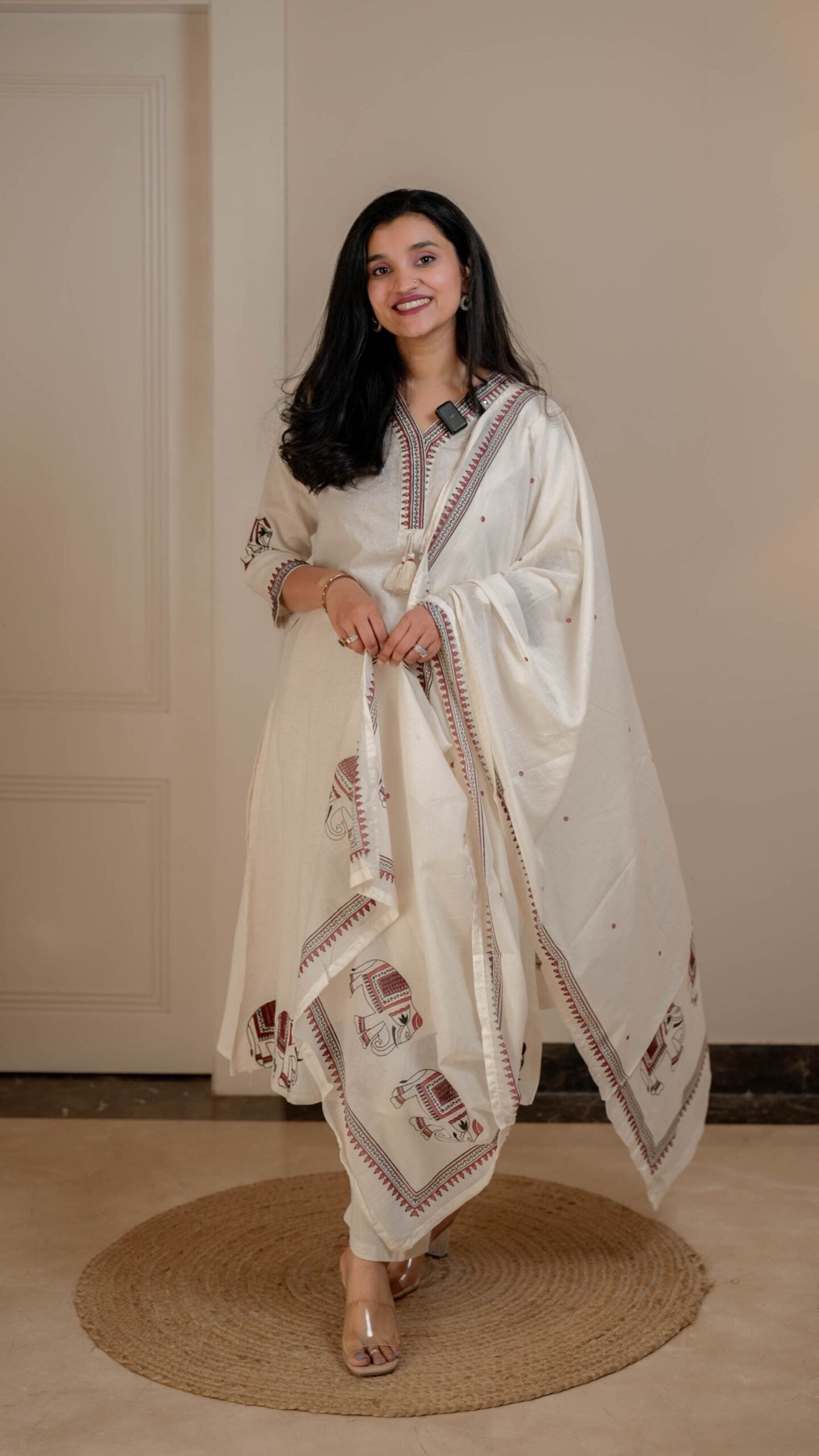 Shiya Embroidered Cotton Set- Off White Red