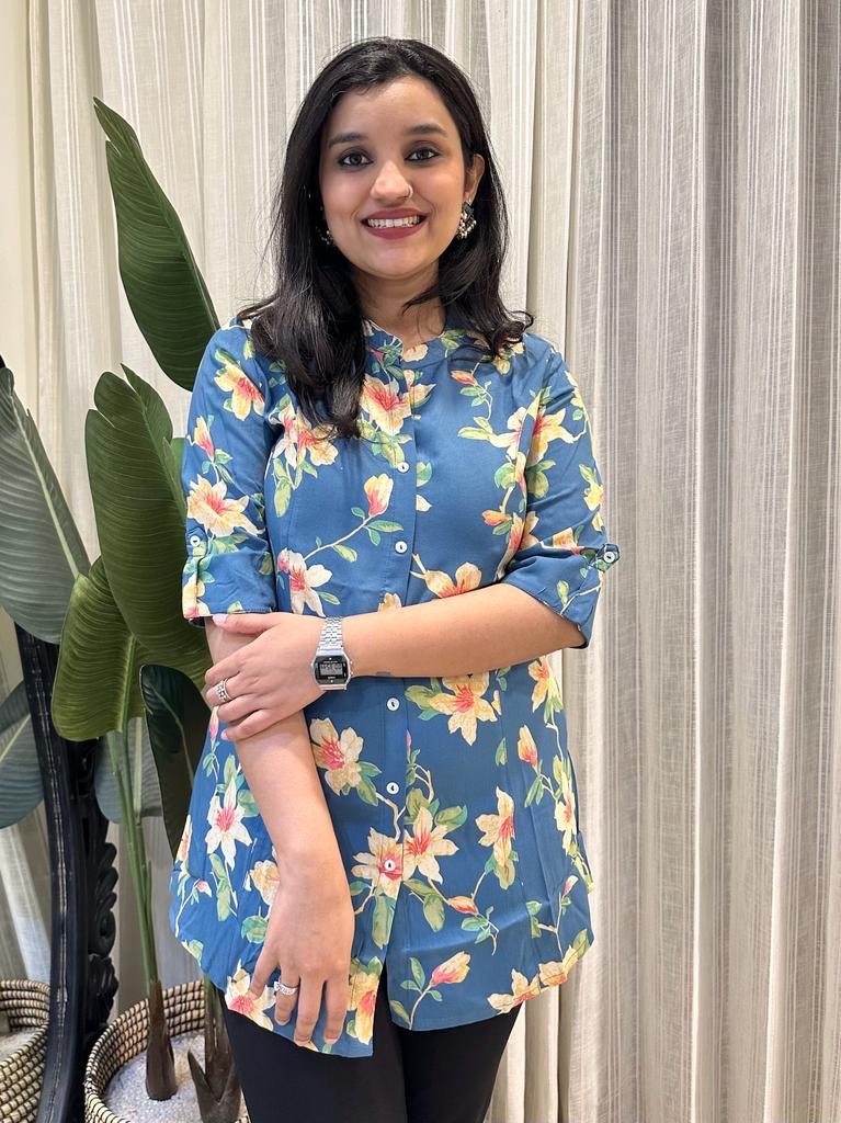 Weekend Rayon Short Kurta- Blue Yellow Floral