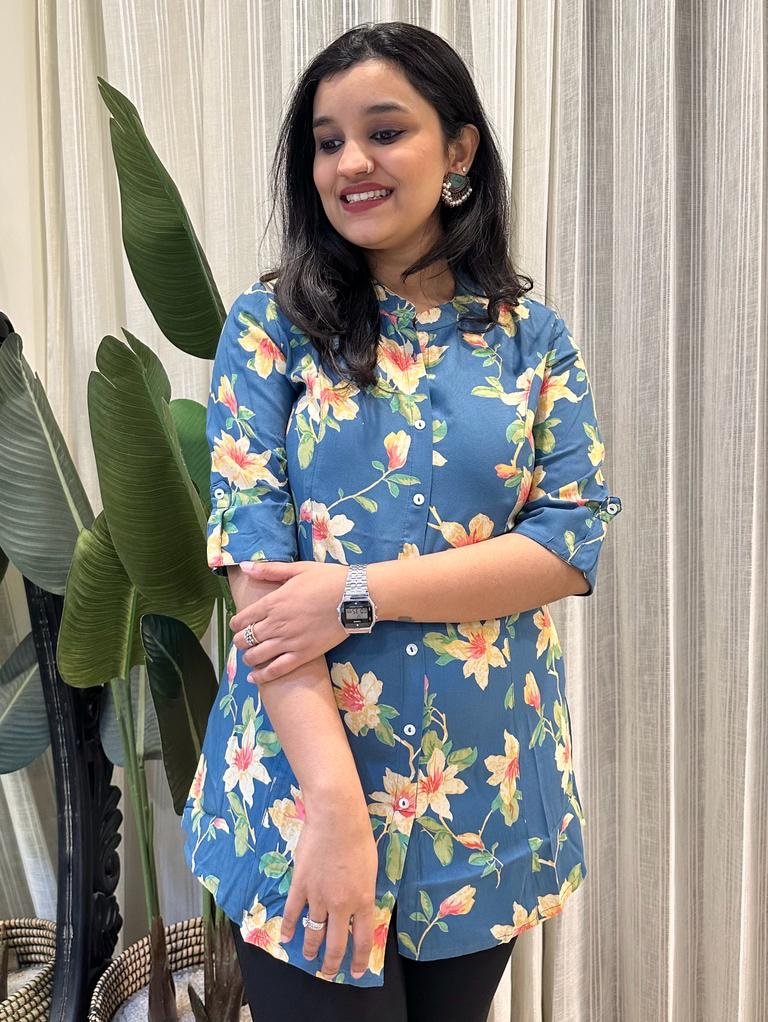 Weekend Rayon Short Kurta- Blue Yellow Floral