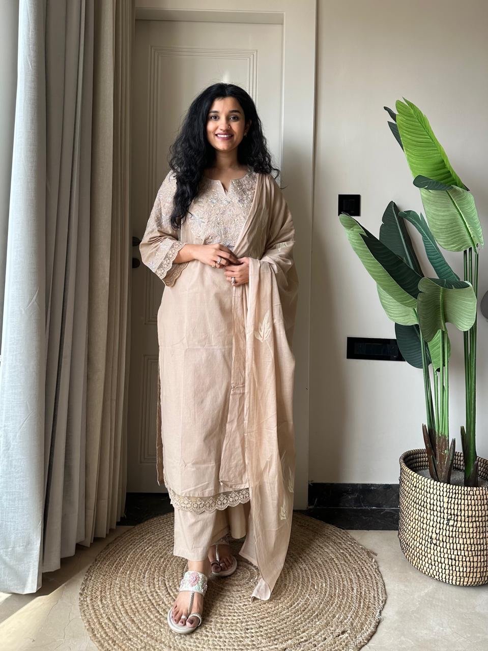 Aana Embroidered Nude Cotton Set