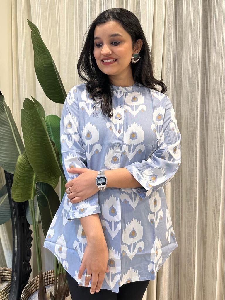 Weekend Rayon Short Kurta- Powder Blue Boota