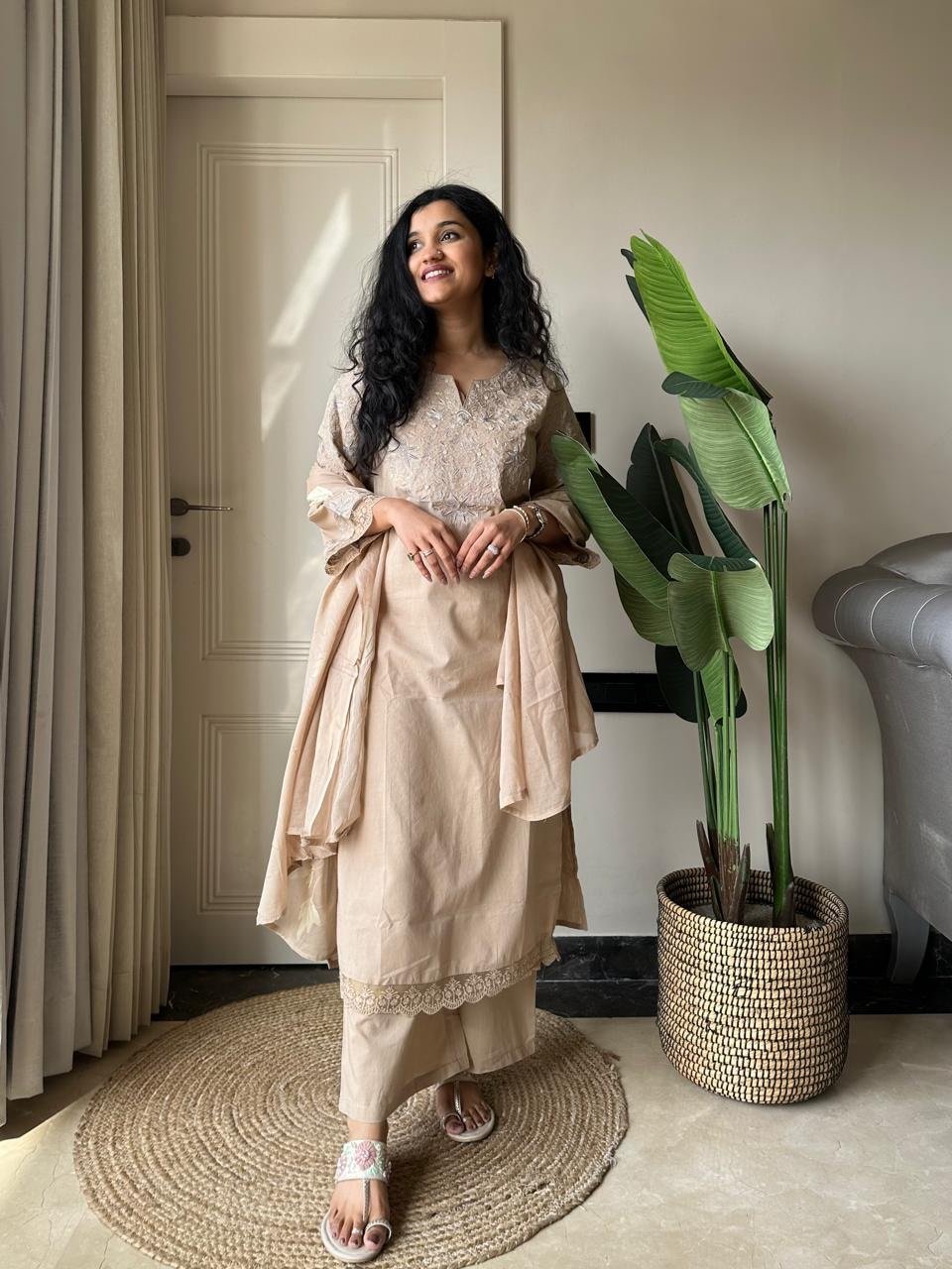 Aana Embroidered Nude Cotton Set