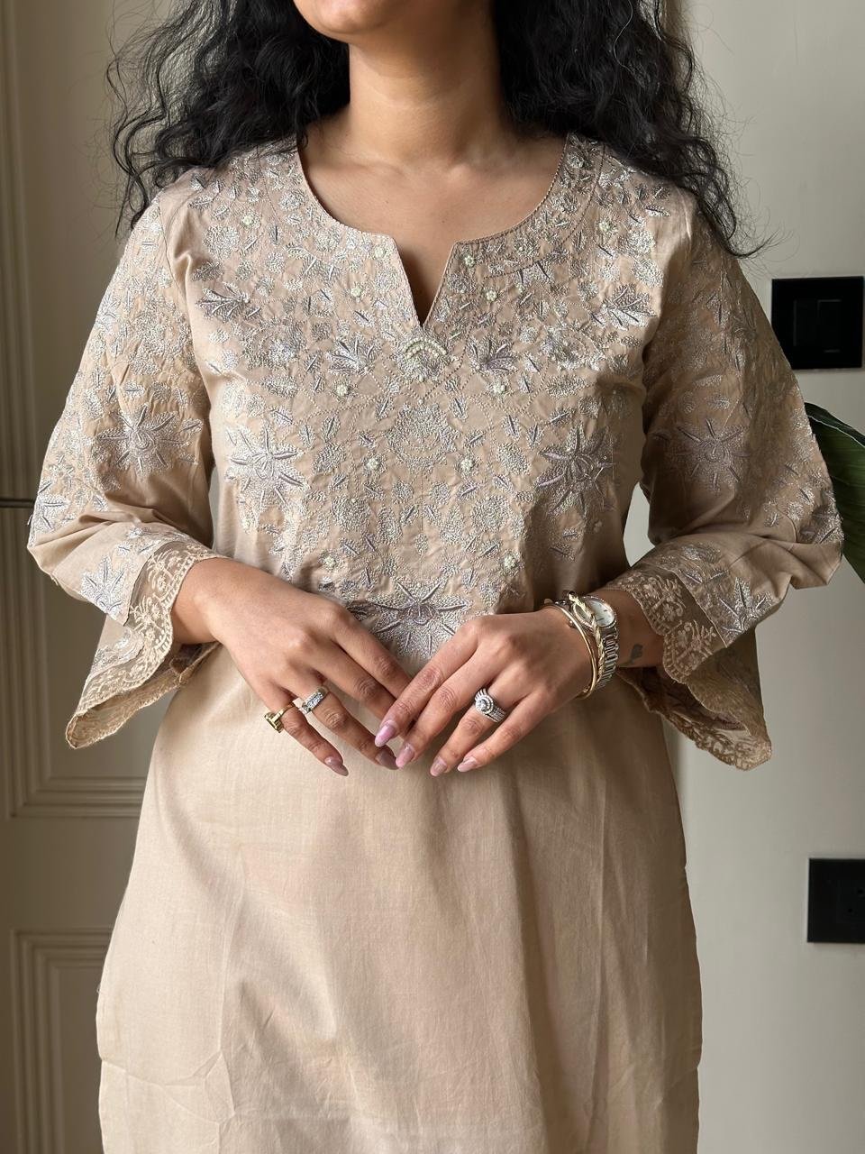 Aana Embroidered Nude Cotton Set
