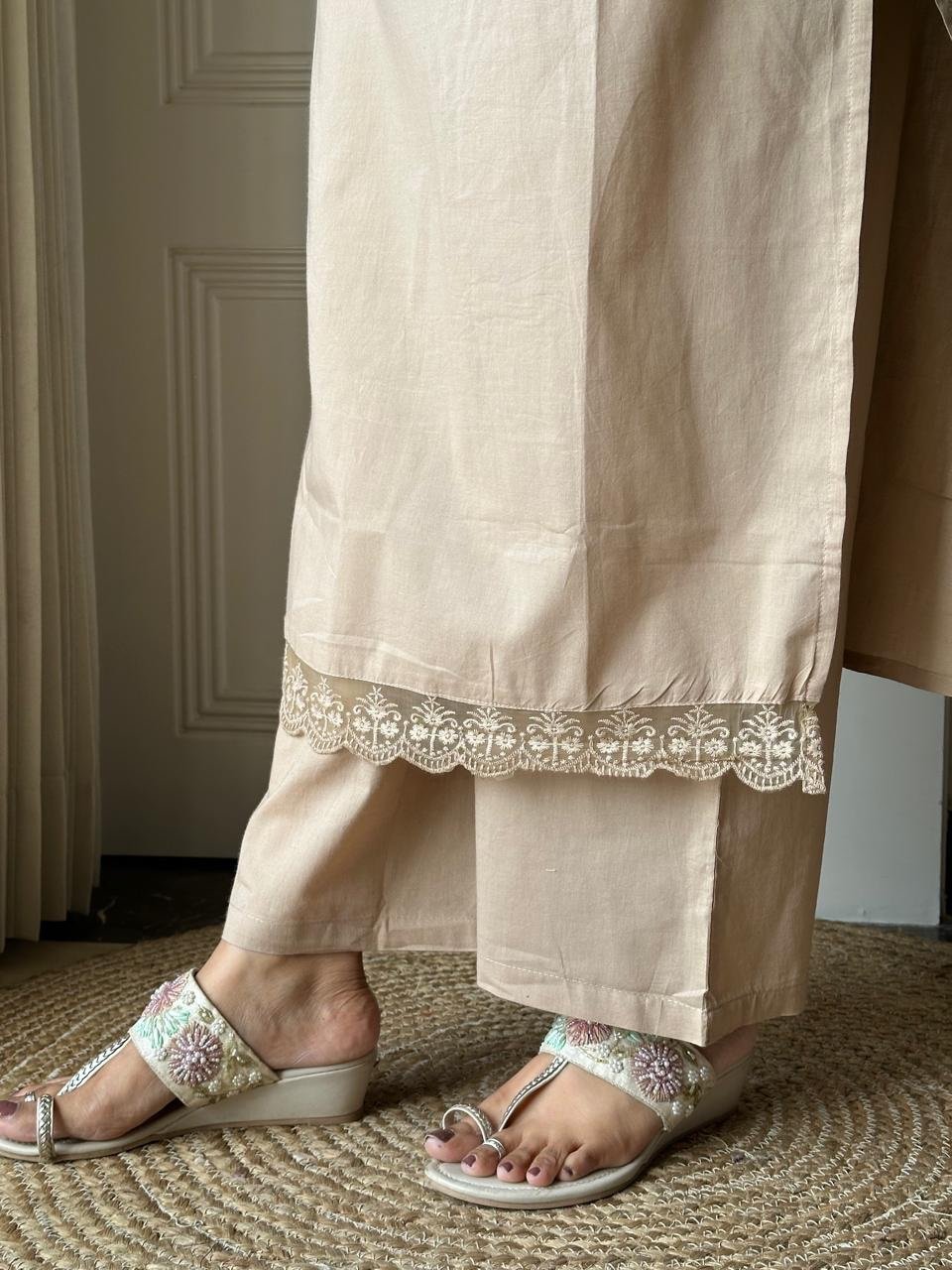 Aana Embroidered Nude Cotton Set