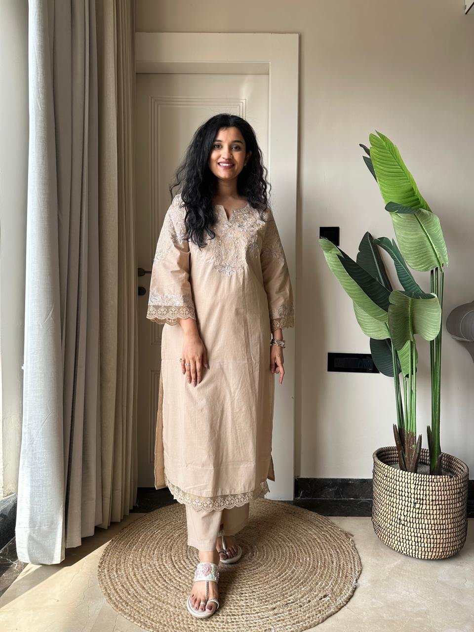 Aana Embroidered Nude Cotton Set