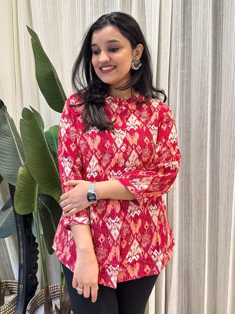 Weekend Rayon Short Kurta- Red White Mix