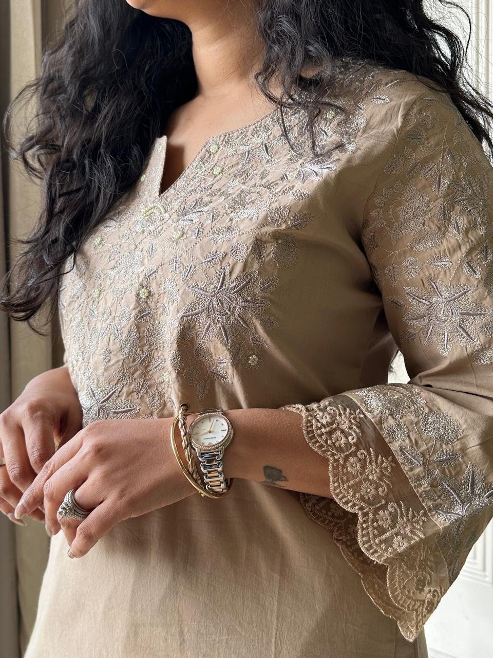 Aana Embroidered Nude Cotton Set