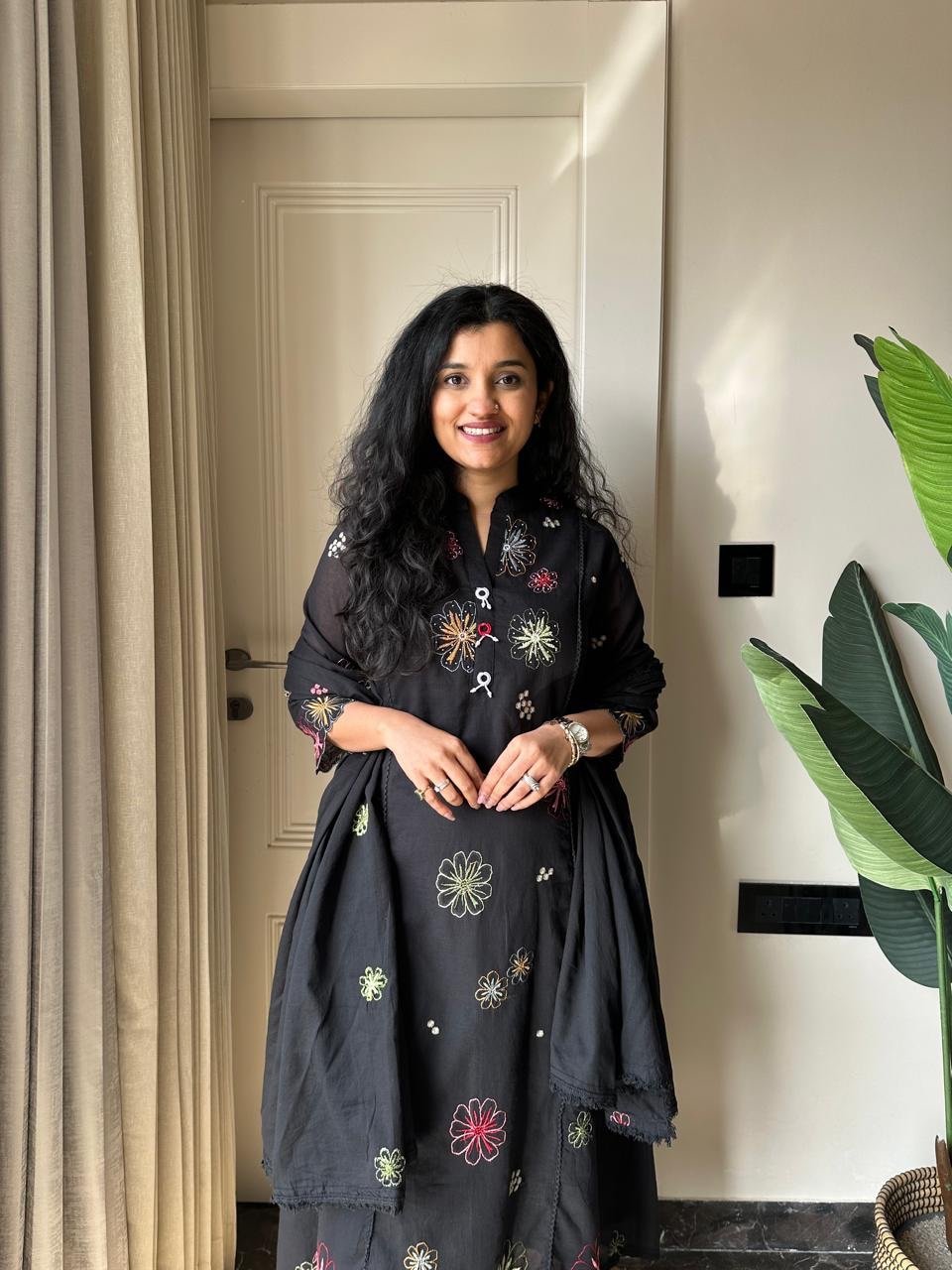 Bahara Black Multi Embroidered Mul Set