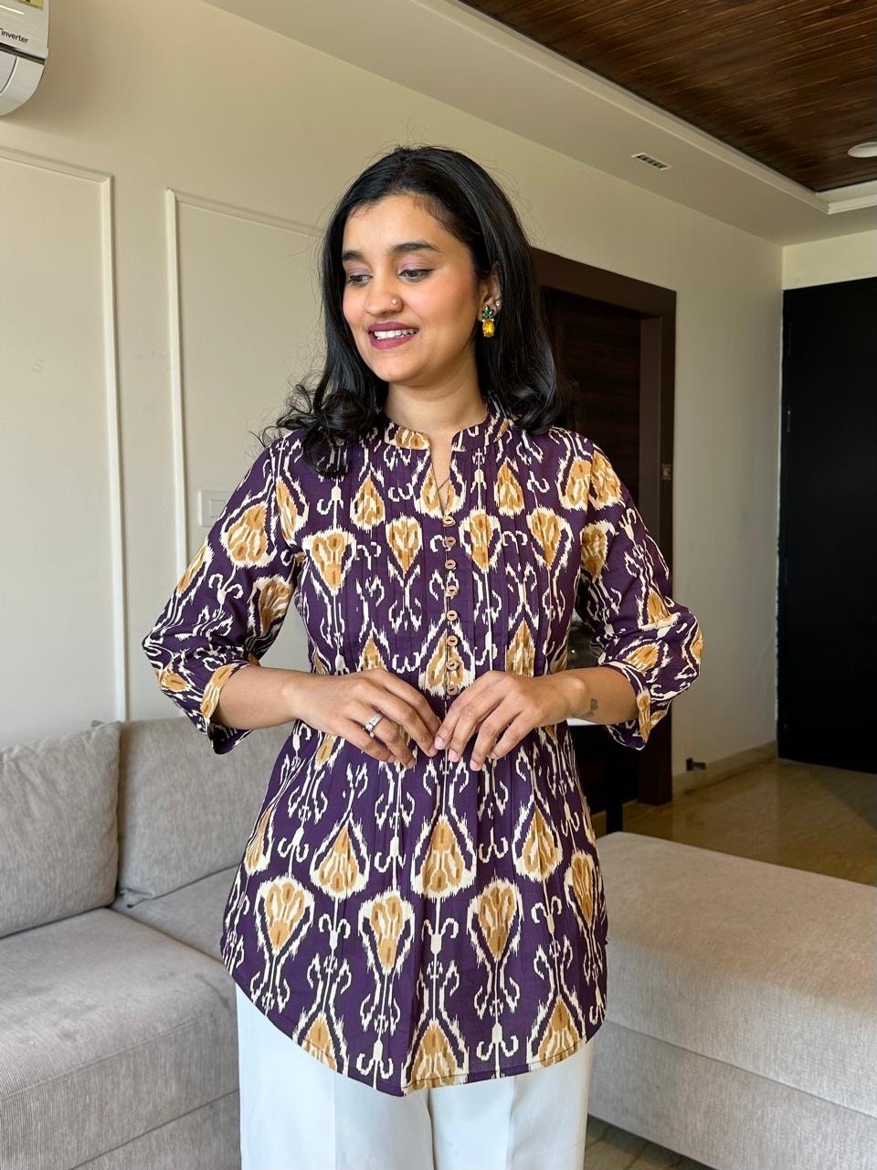 Neeti Short Cotton Top- Purple Ikkat