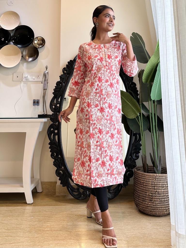Cotton Pintuck Kurta- White Pink Floral