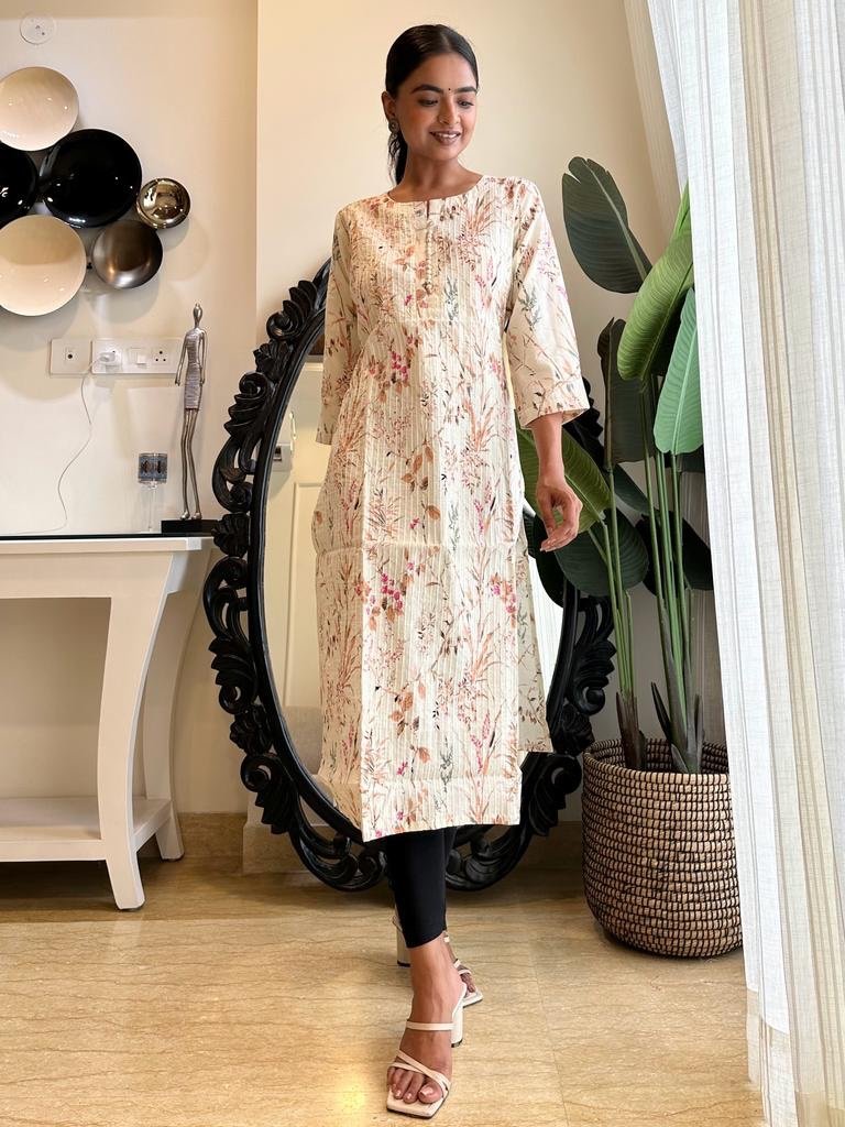 Cotton Pintuck Kurta- Off White Floral