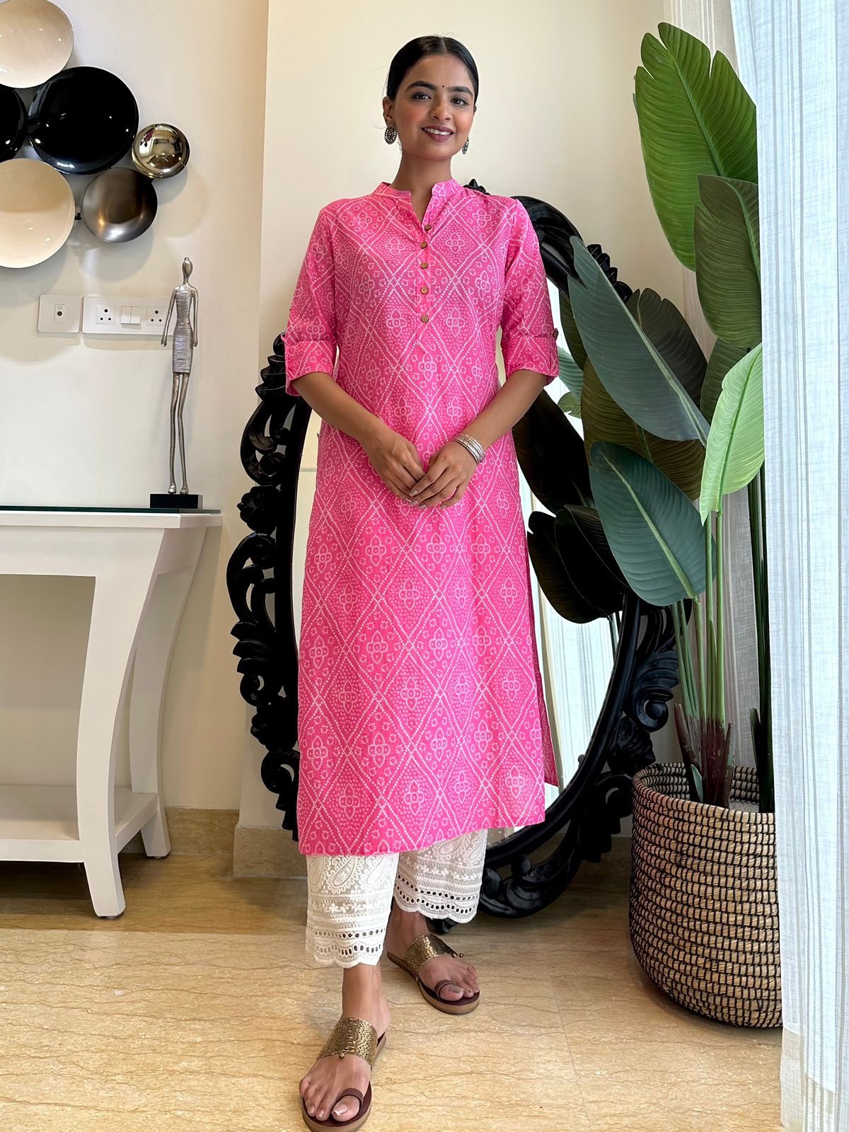 Weekend Cotton Kurta- Pink Bandhej