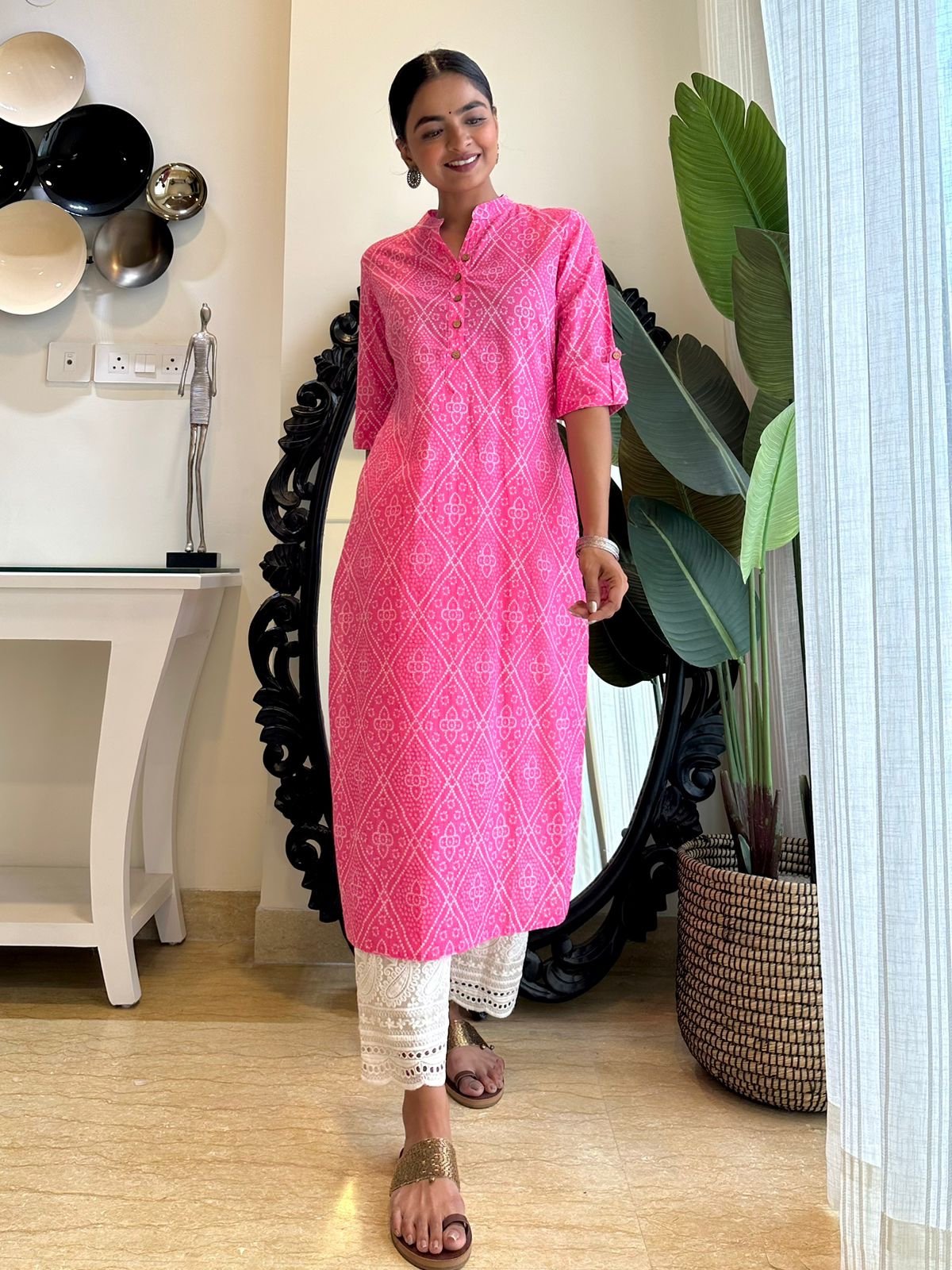 Weekend Cotton Kurta- Pink Bandhej