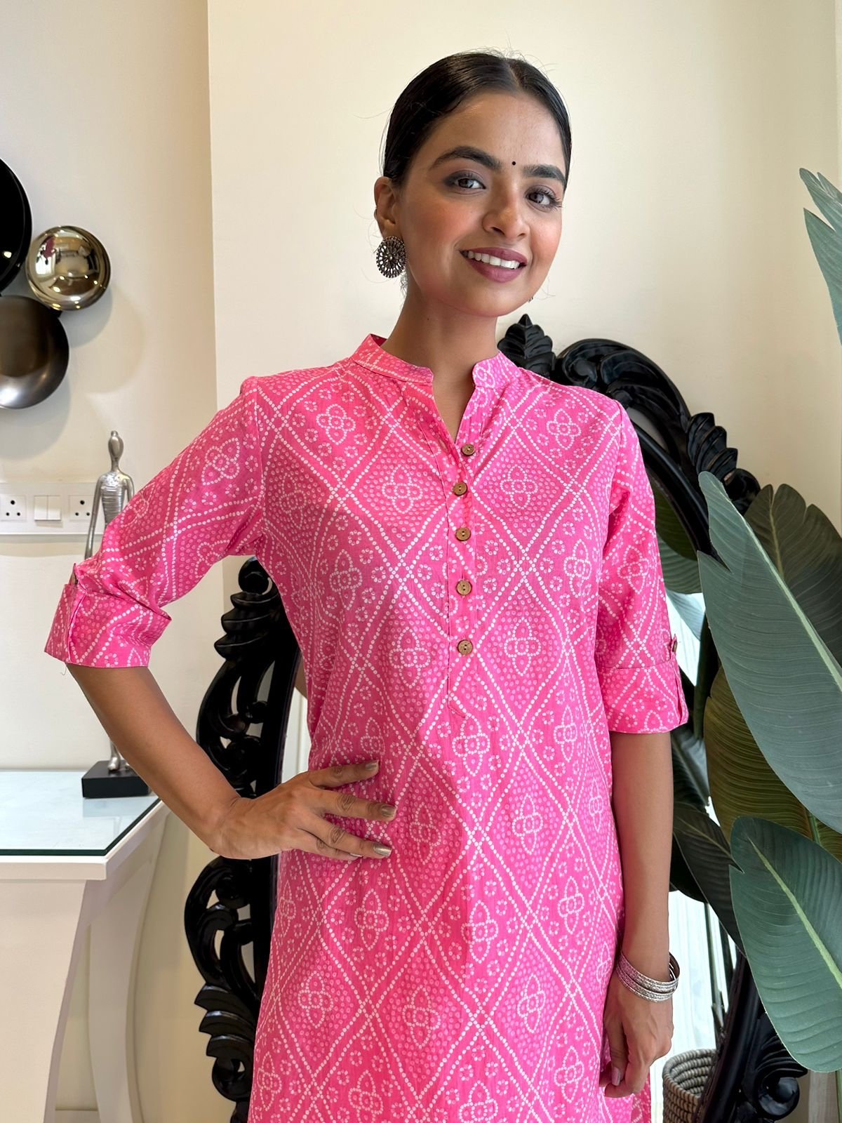 Weekend Cotton Kurta- Pink Bandhej