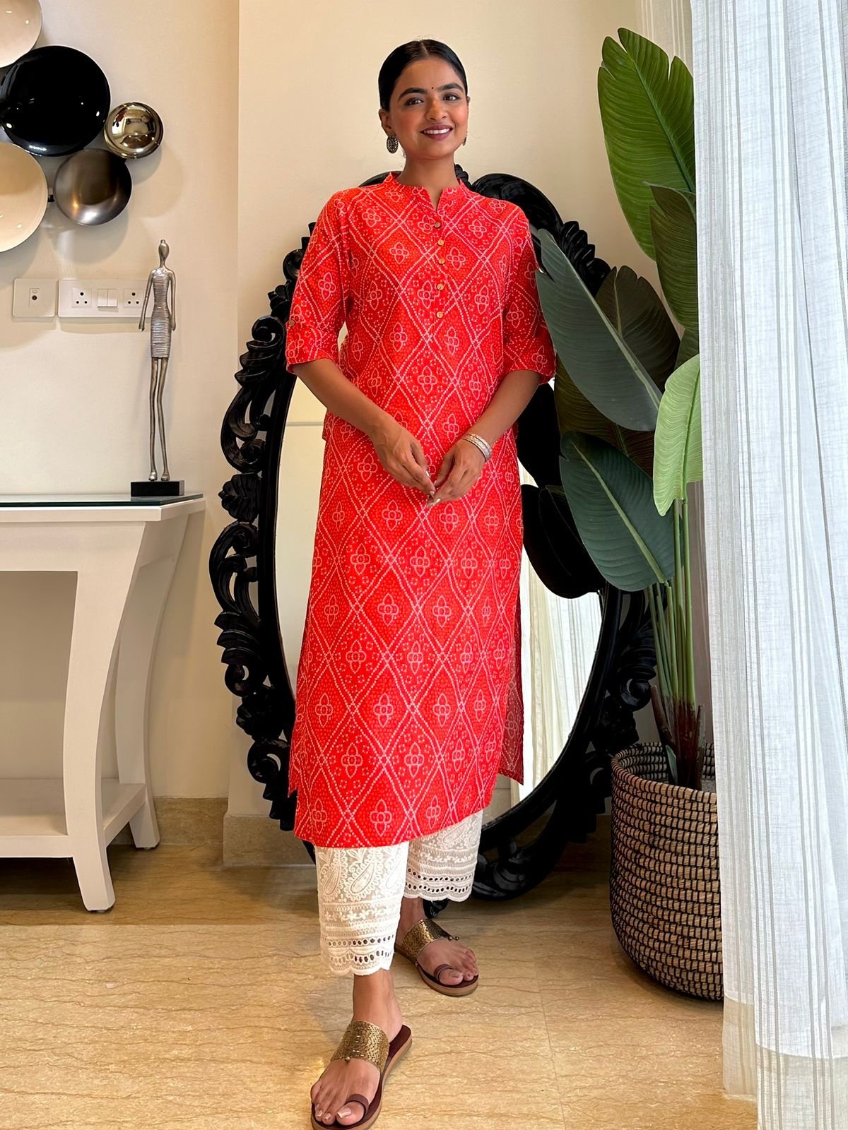 Weekend Cotton Kurta- Orange Bandhej