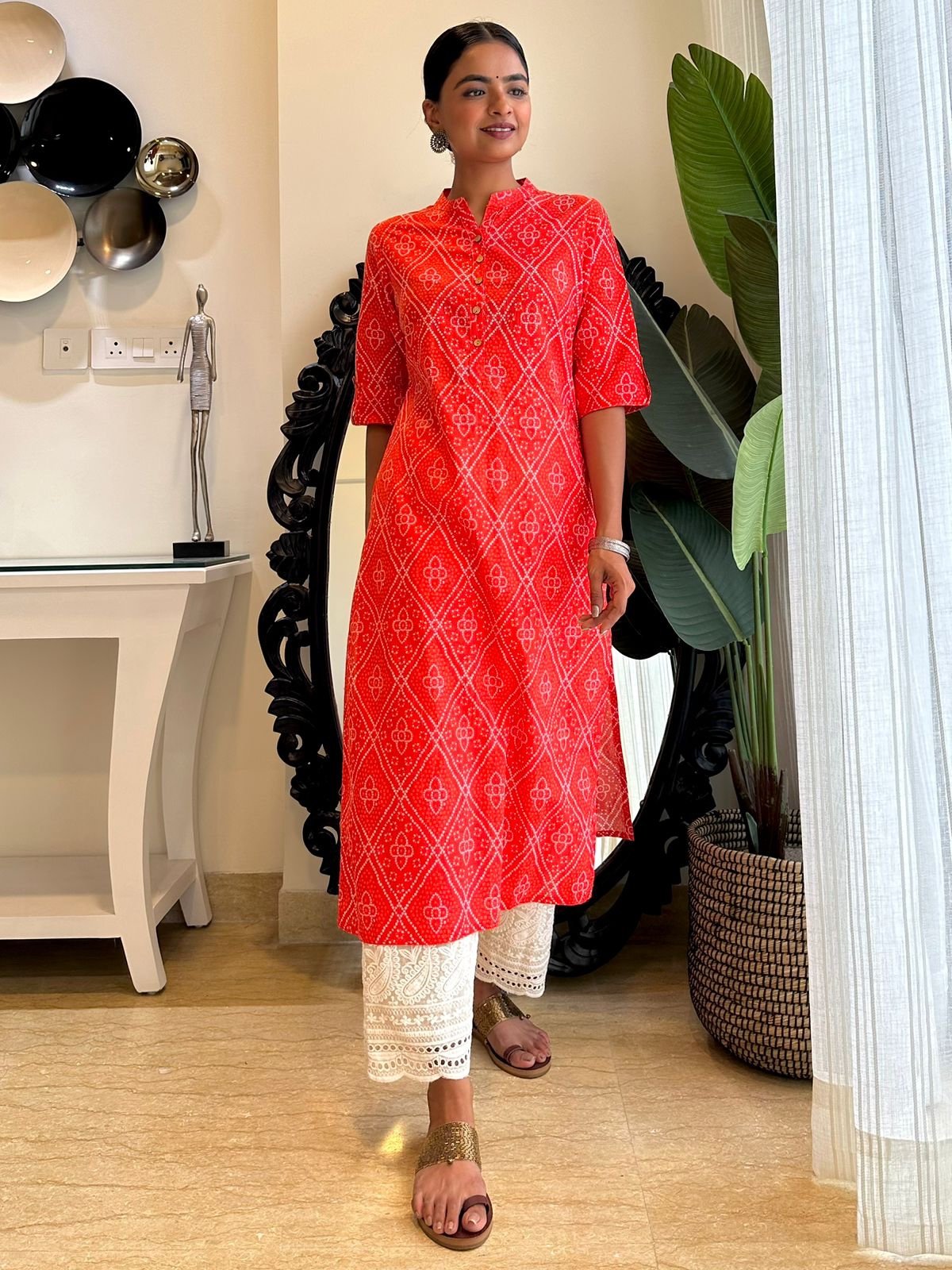 Weekend Cotton Kurta- Orange Bandhej