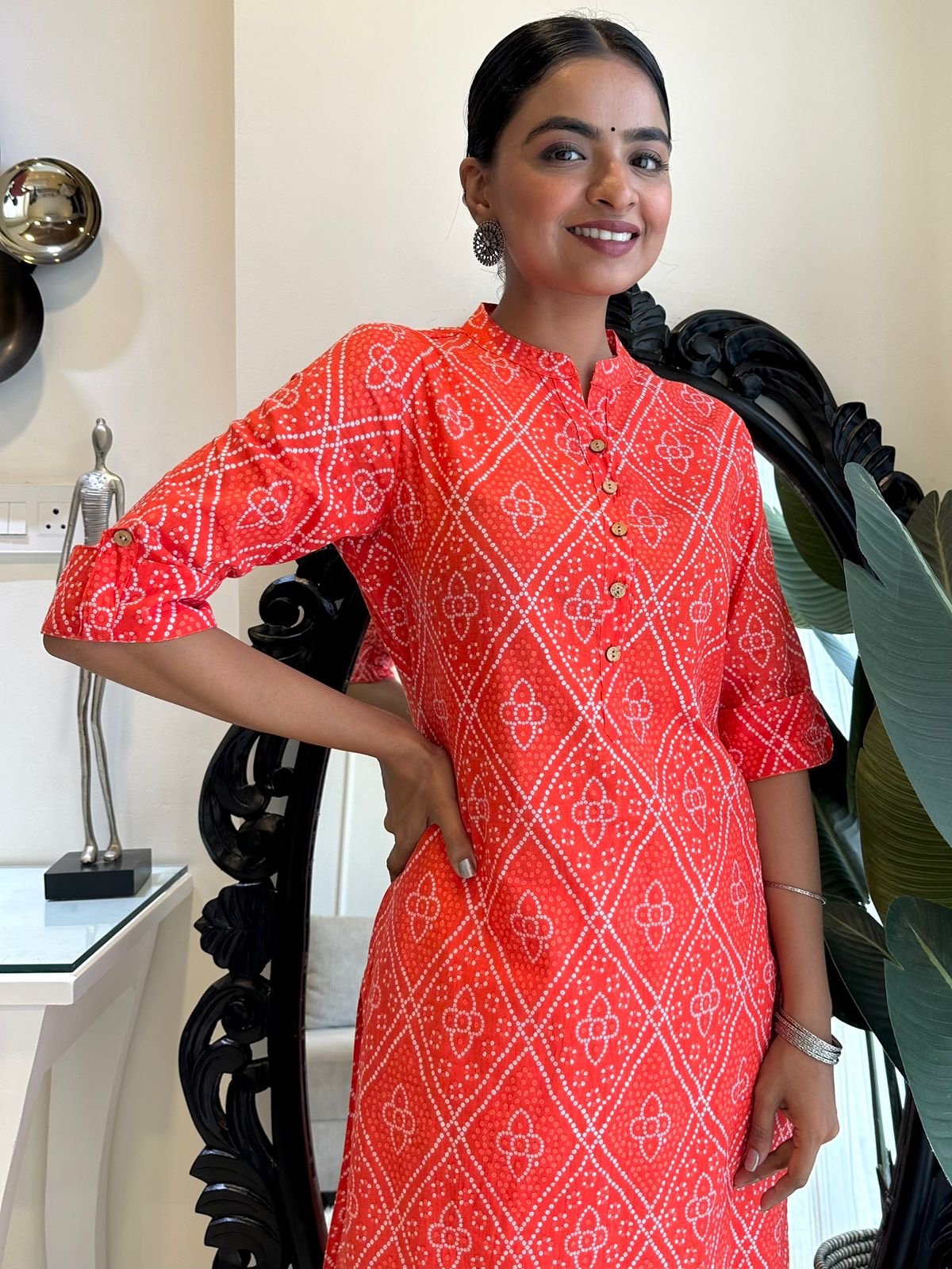 Weekend Cotton Kurta- Orange Bandhej