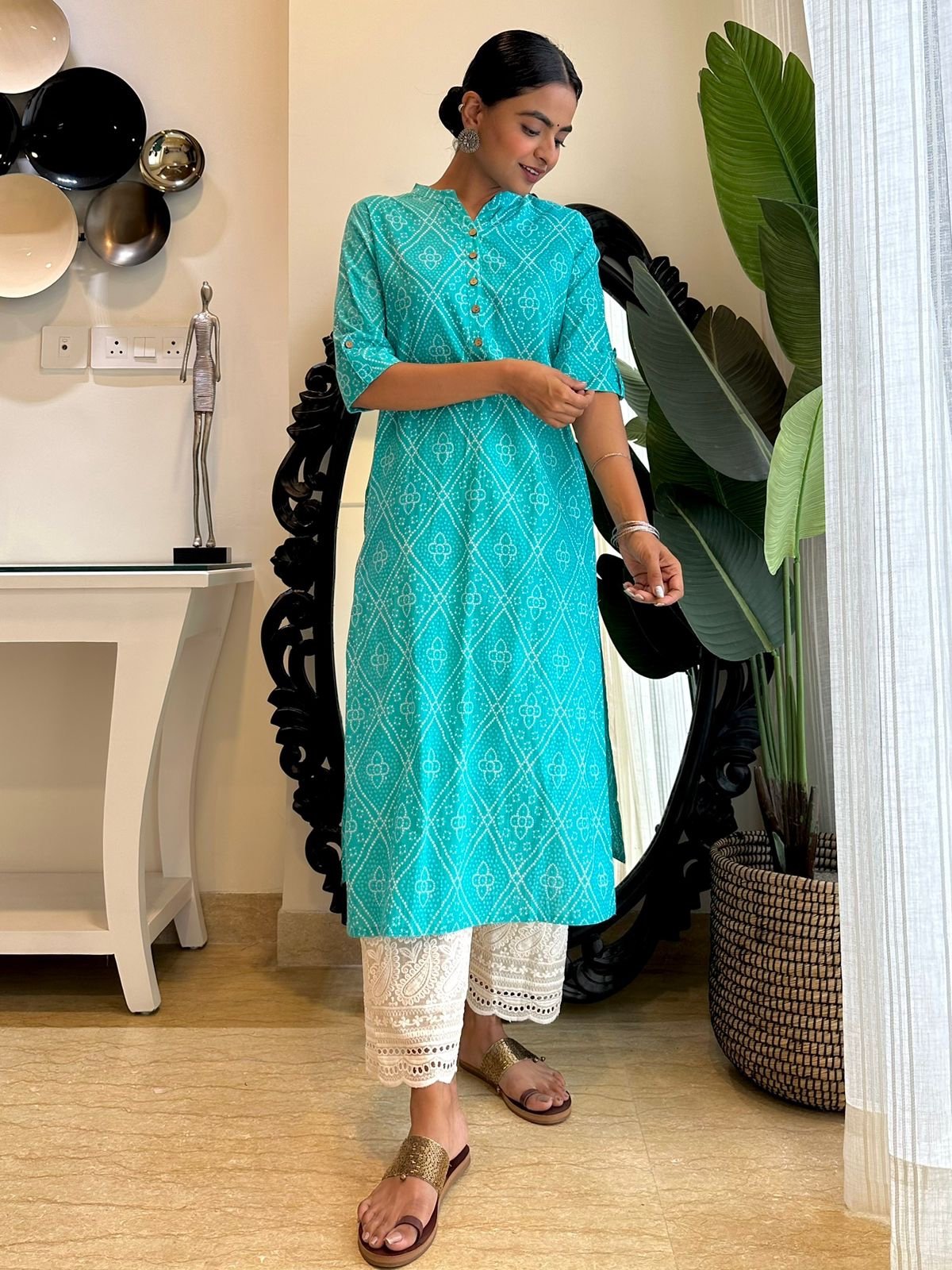 Weekend Cotton Kurta- Light Blue Bandhej