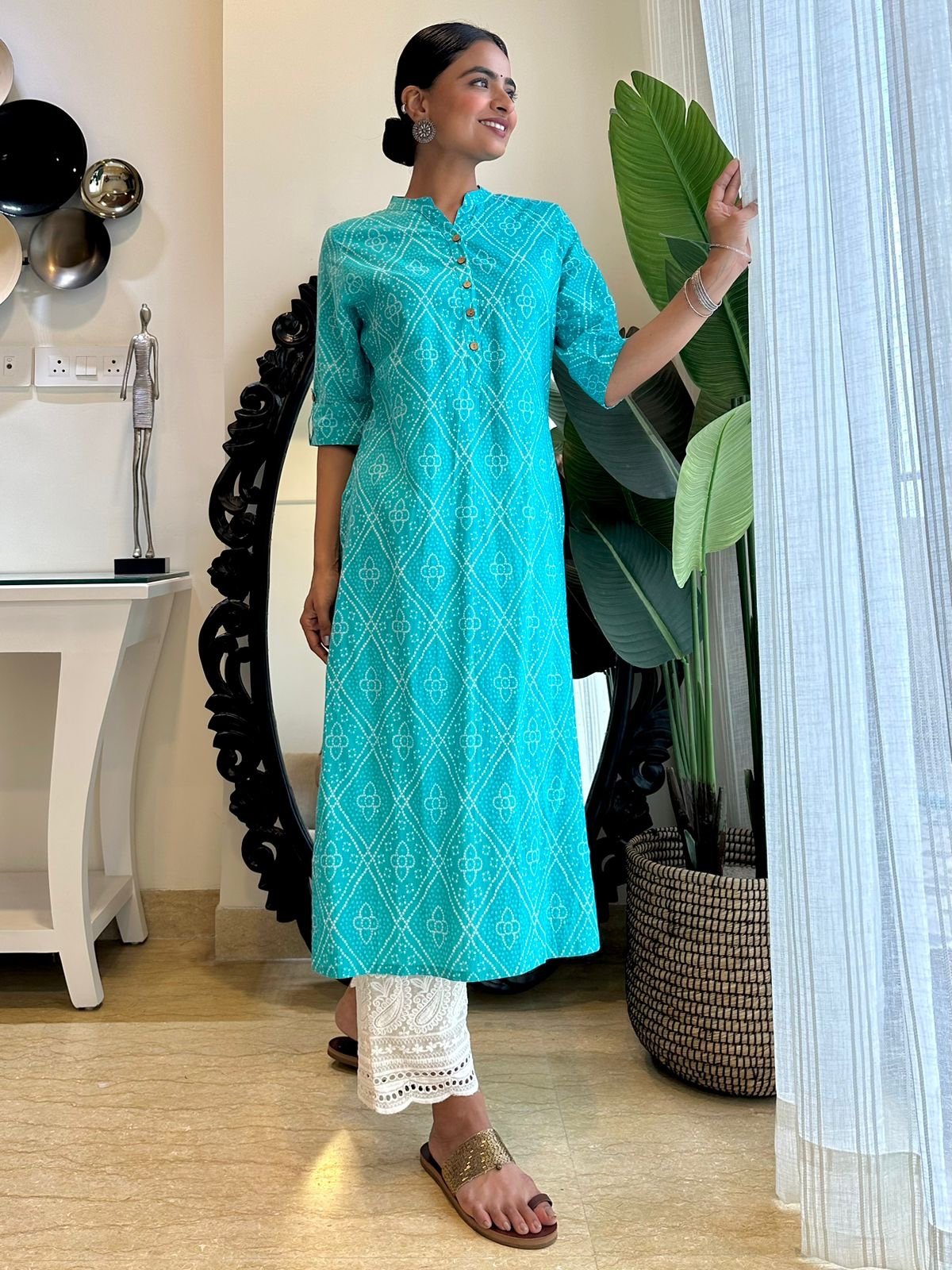 Weekend Cotton Kurta- Light Blue Bandhej