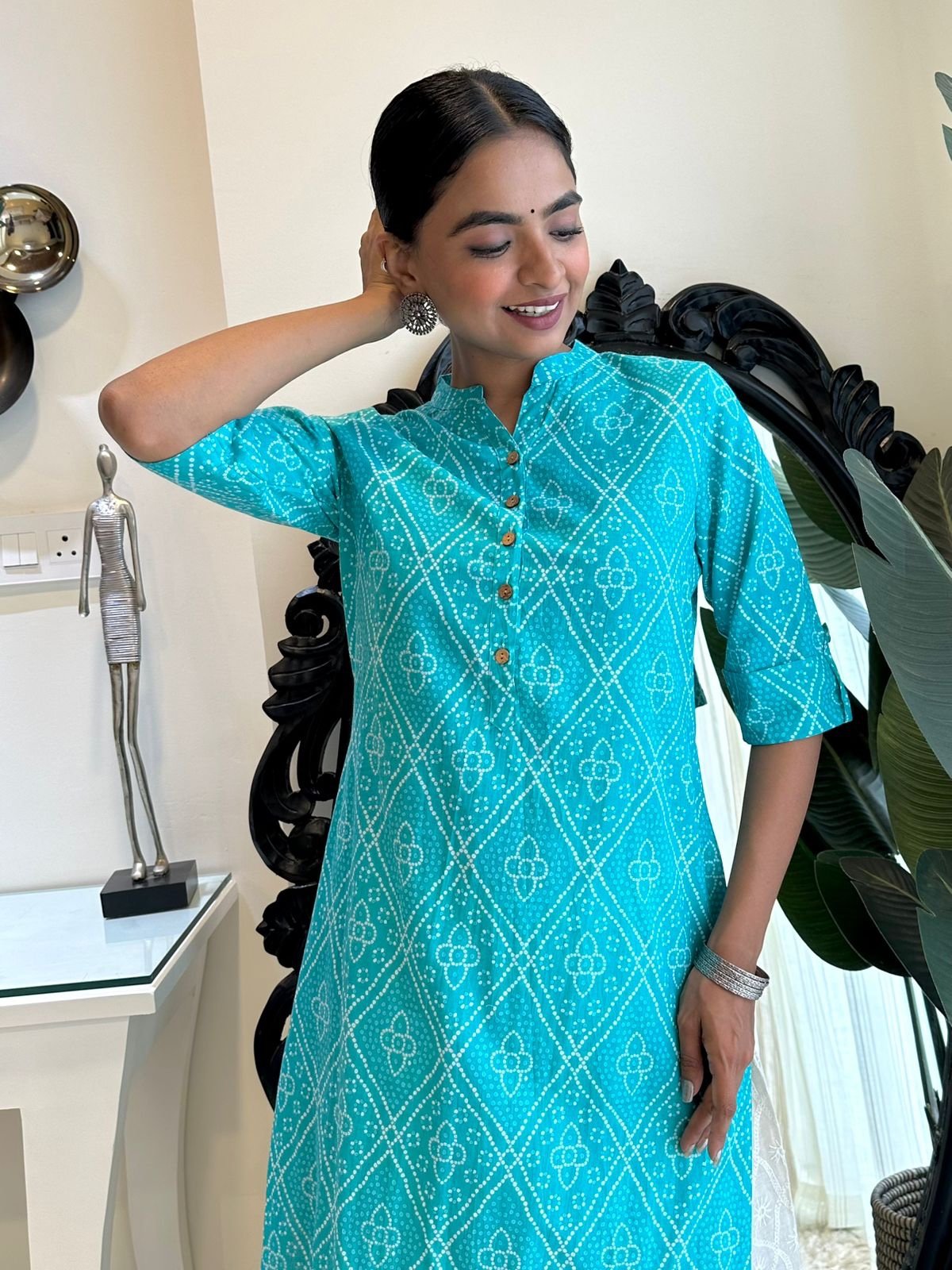 Weekend Cotton Kurta- Light Blue Bandhej