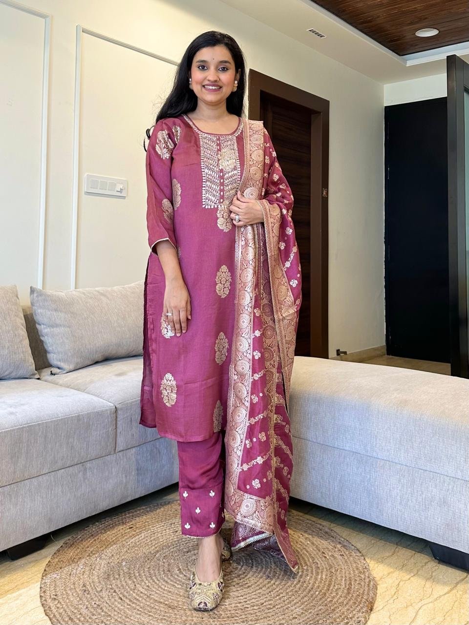 Veera Handwork Chanderi Set- Rose