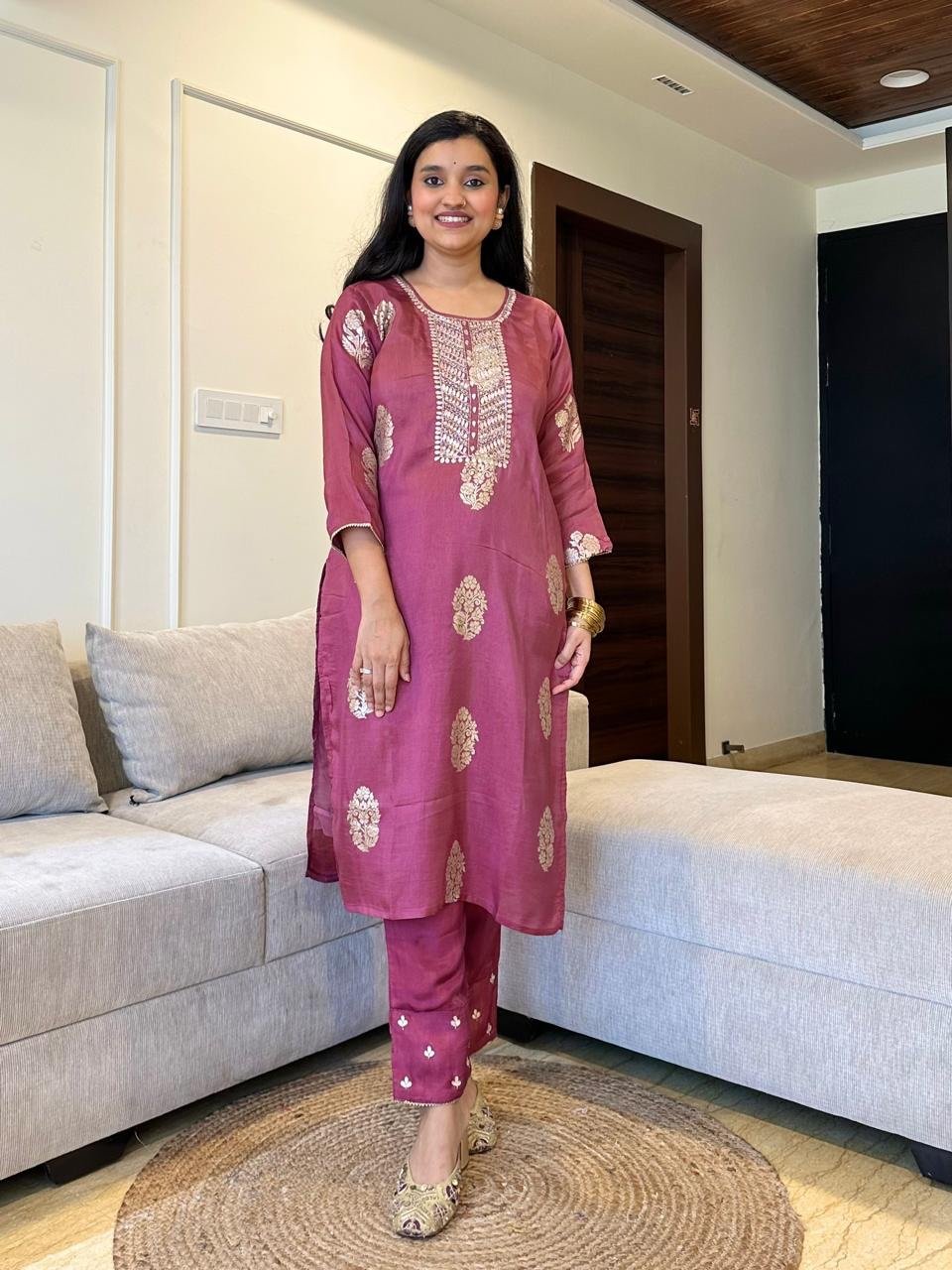Veera Handwork Chanderi Set- Rose