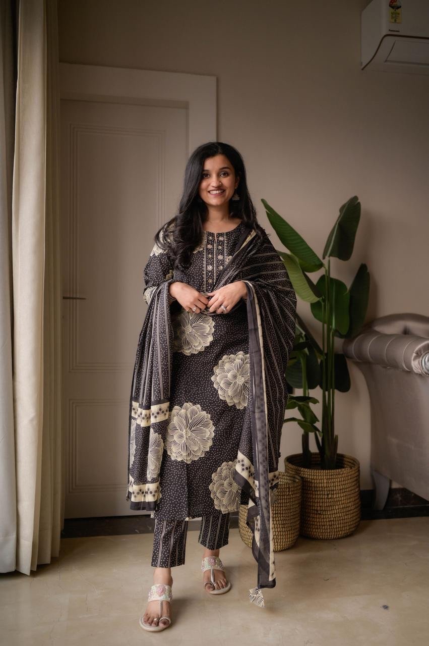 Samya Budget Cotton Suit- Black Flowers