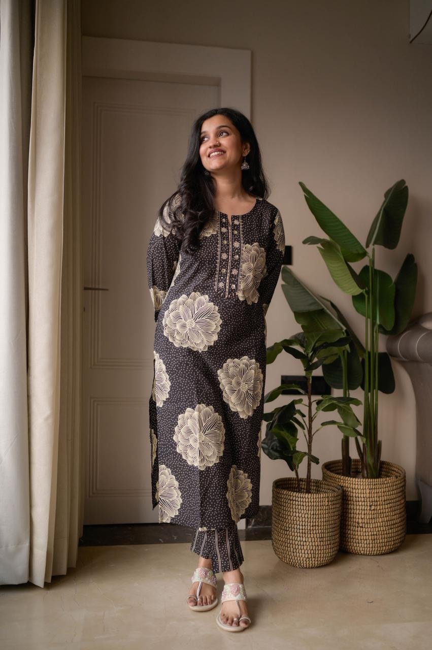 Samya Budget Cotton Suit- Black Flowers