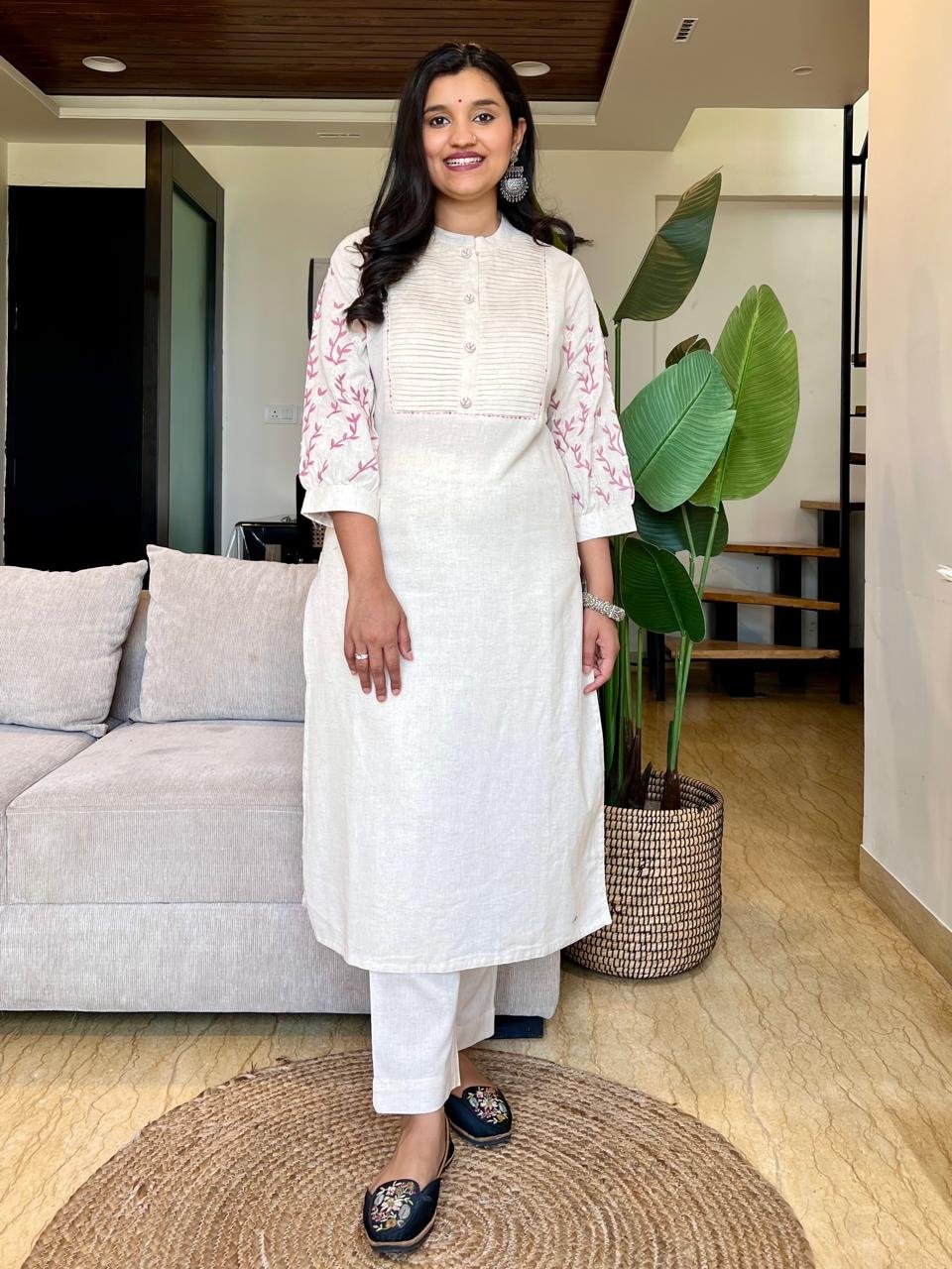 Fancy Sleeve Cotton Pant Set- Off White