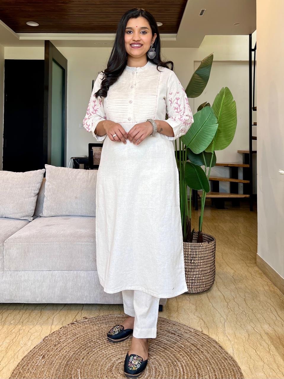 Fancy Sleeve Cotton Pant Set- Off White