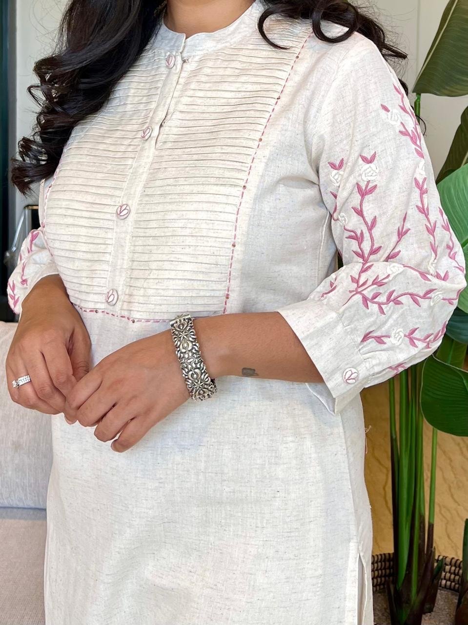 Fancy Sleeve Cotton Pant Set- Off White