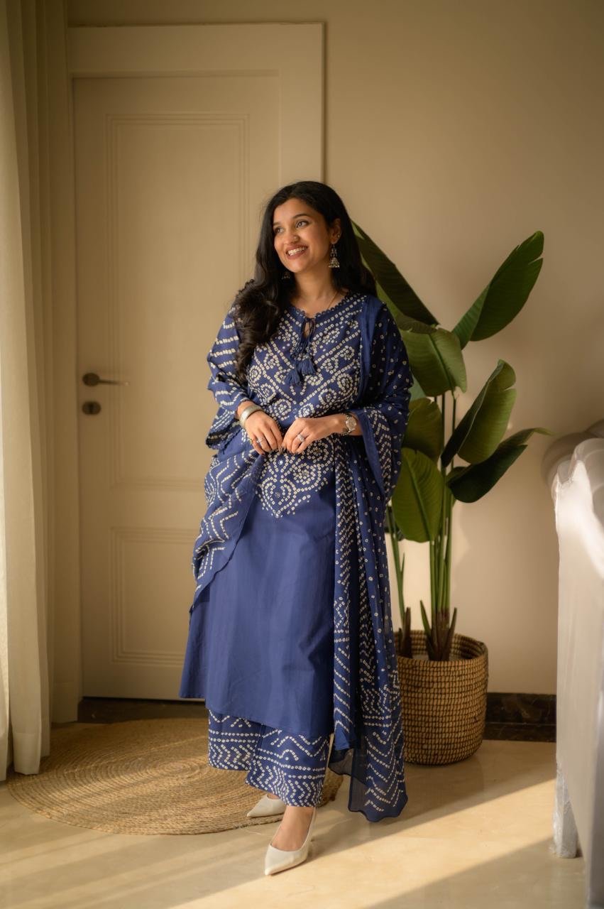 Gulzar Premium Bandhej Cotton Suit- Blue