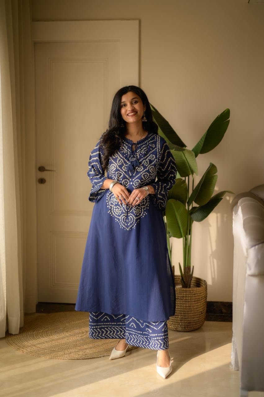 Gulzar Premium Bandhej Cotton Suit- Blue