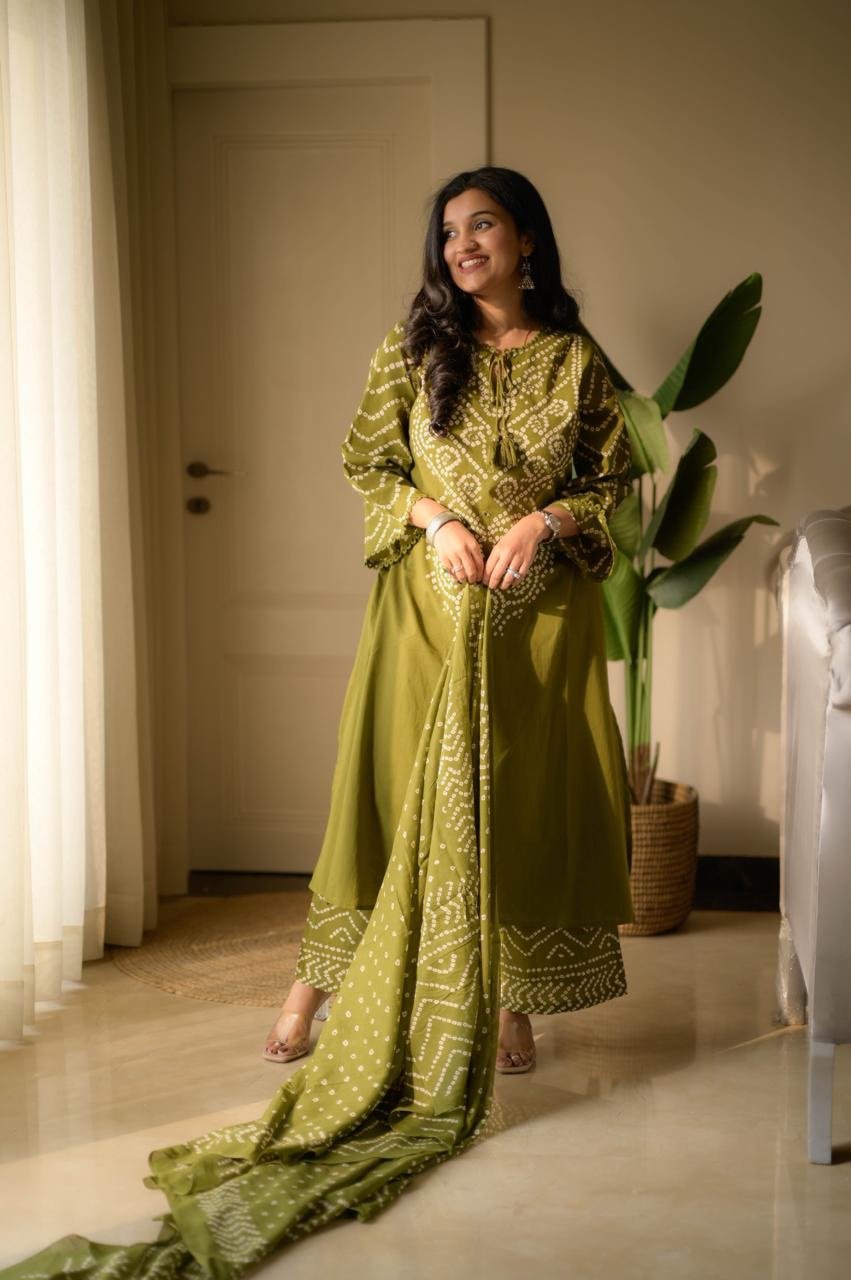 Gulzar Premium Bandhej Cotton Suit- Green