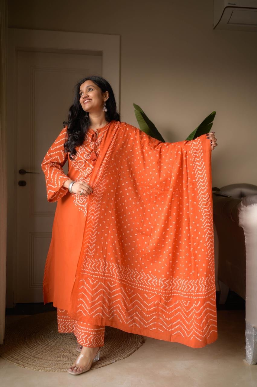 Gulzar Premium Bandhej Cotton Suit- Orange