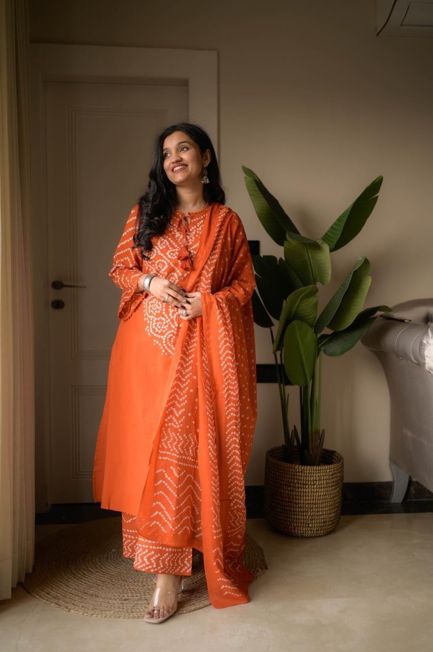 Gulzar Premium Bandhej Cotton Suit- Orange