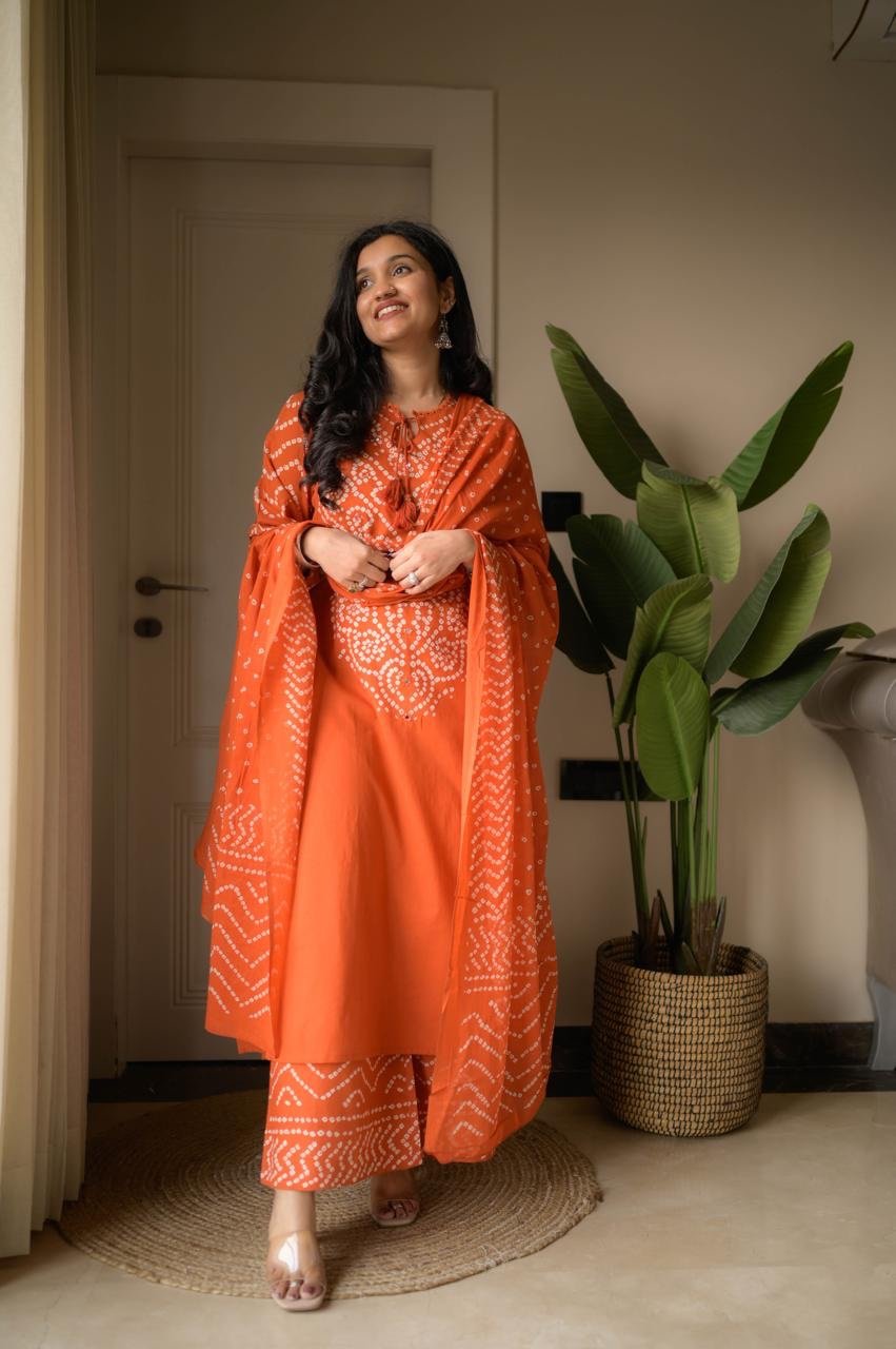 Gulzar Premium Bandhej Cotton Suit- Orange