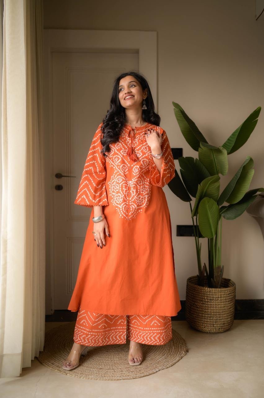 Gulzar Premium Bandhej Cotton Suit- Orange