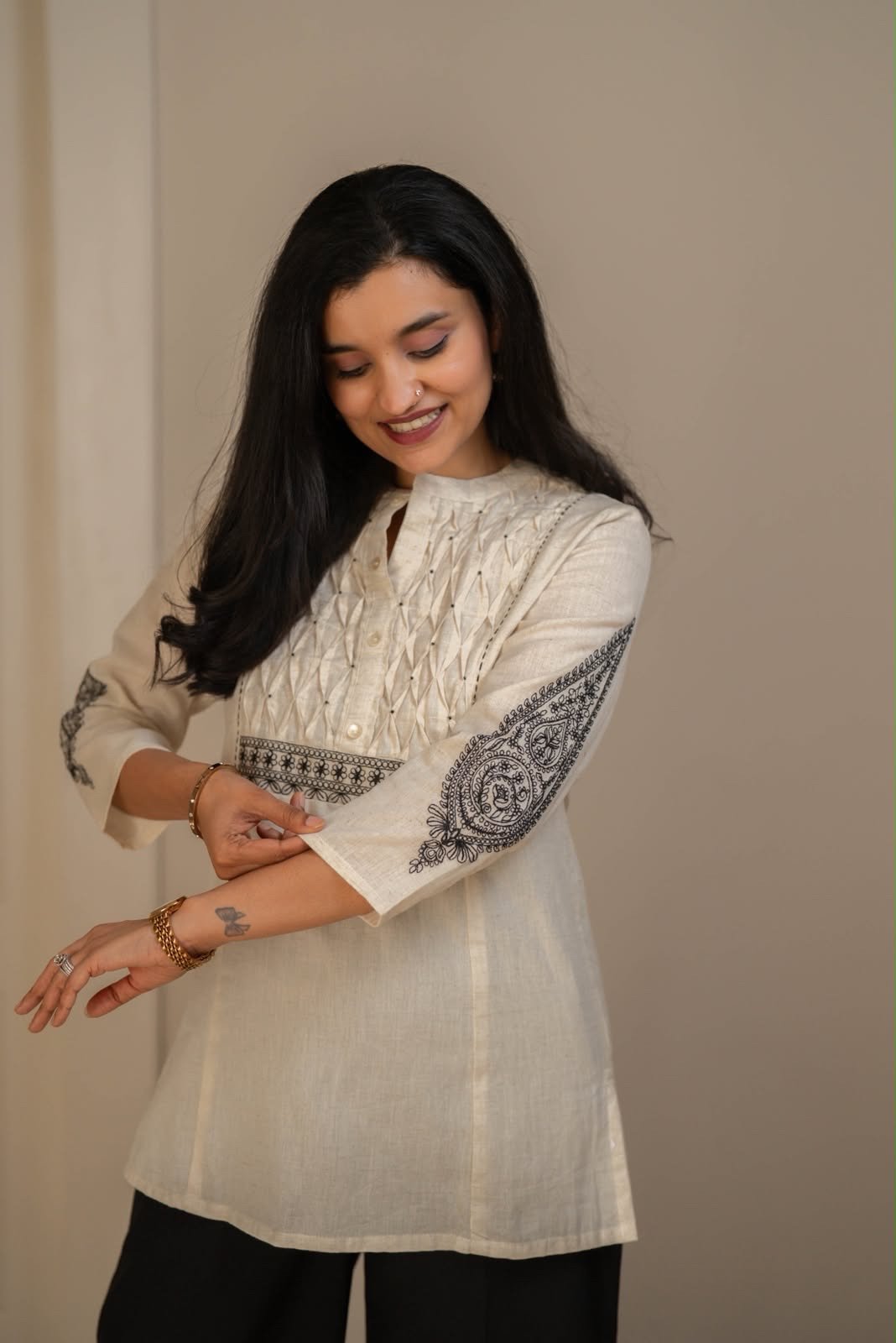Rio Ruching Slub Cotton Top- Off White